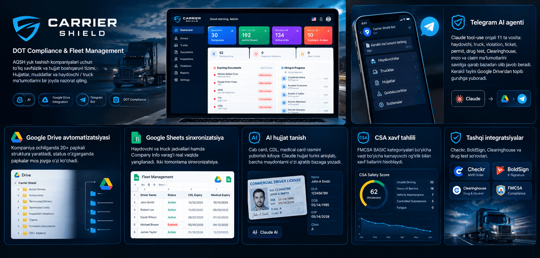 Carrier Shield Consulting — Veb platforma · Telegram bot · DOT compliance