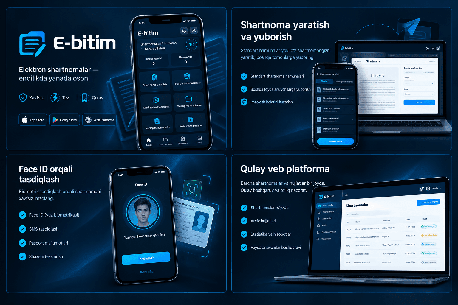 E-Bitim — Mobil ilova · Veb platforma · Elektron shartnoma